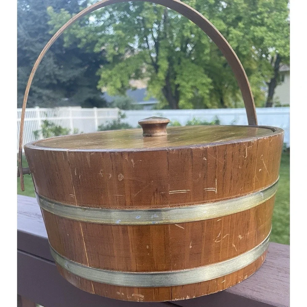Vintage Wooden Firkin Sugar Bucket Swing Handle Lid 2 Brass Bands 12